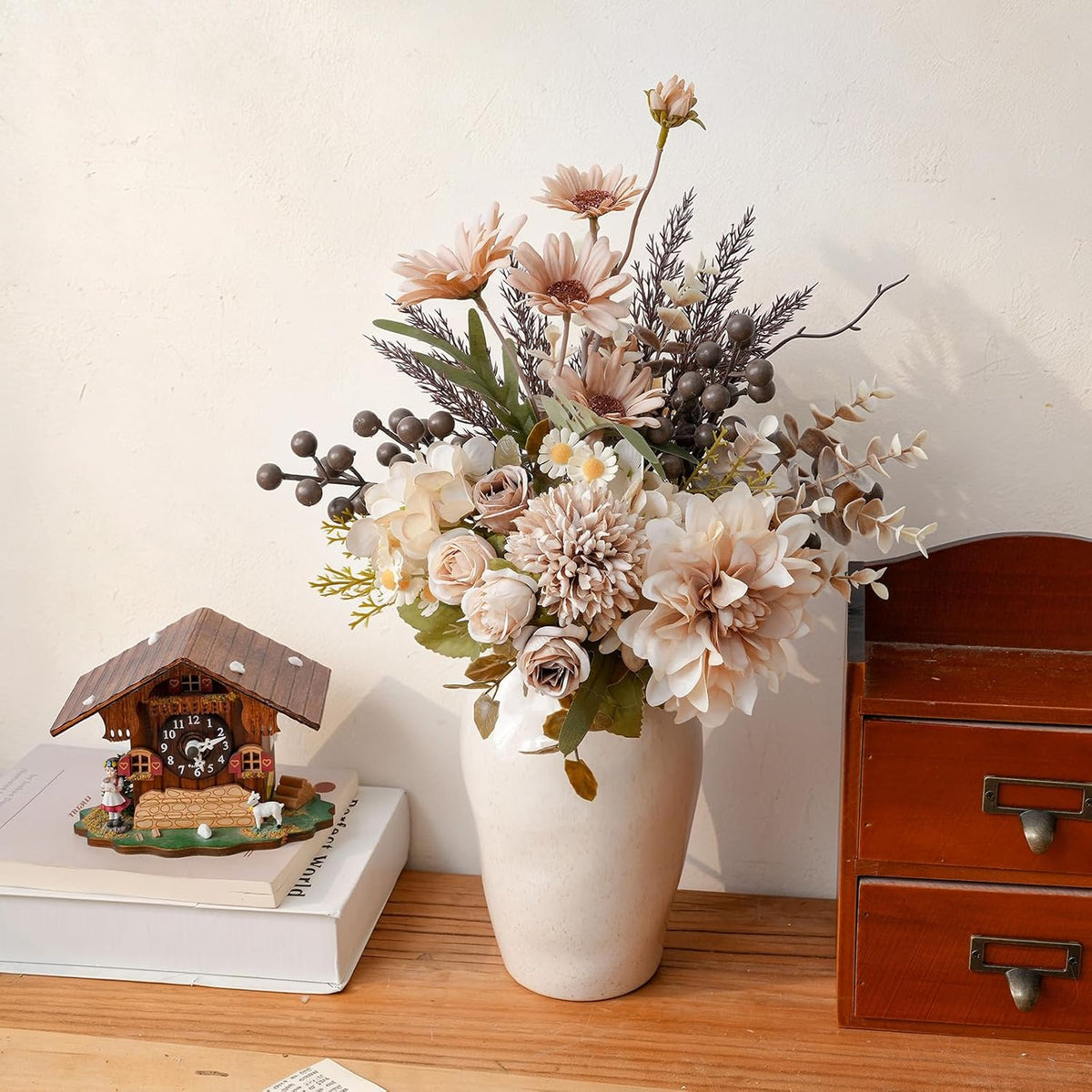 16-inch Artificial Fake Flowers Silk Table Arrangements Faux Plastic Floral Centerpieces for Home with Roses, Dandelions, Daisies, Hydrangea, Eucalyptus, Chrysanthemums and Hollyberries
