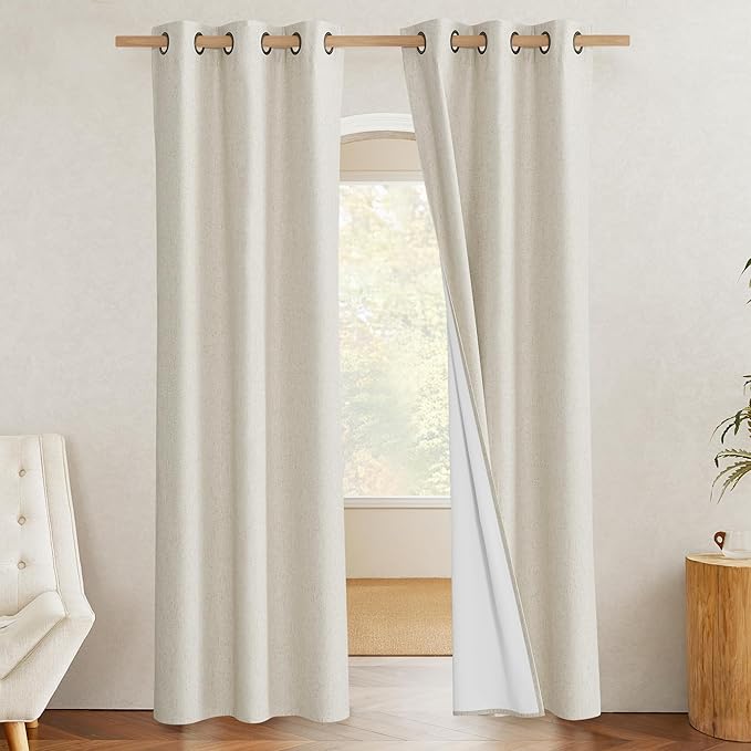 NICETOWN Natural Full Blackout Boho-Chic Linen Curtains 90 inch Long 2 Panels - Image 2