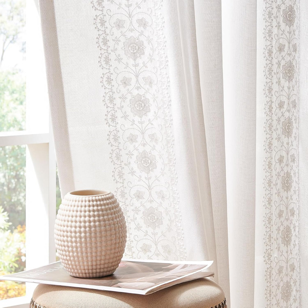 jinchan Floral Lined Linen Curtains Embroidered Back Tab 54Wx84L 2 Panels