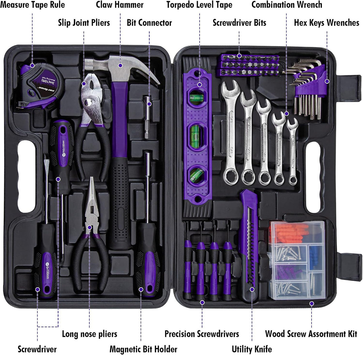 CARTMAN 152-Piece Household Tool Set, Purple Hand Kit With Storage Case Box