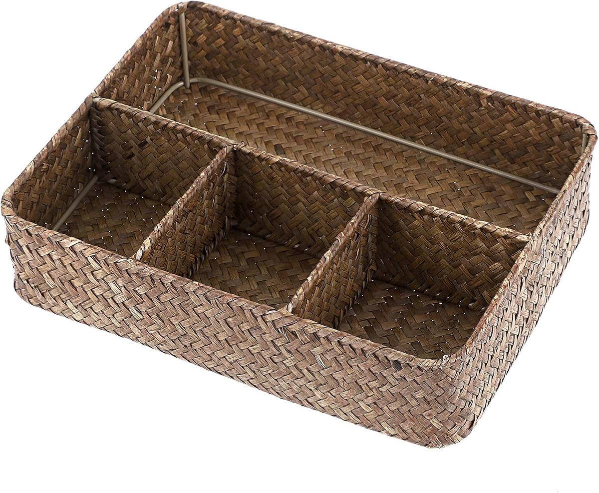 ELLDOO Tea Bag Organizer Tray, Sugar Packet Holder Coffee Pod Storage Condiment Organizer Seagrass Divided Basket for Pantry Drawer Shelf Countertop, Coffee