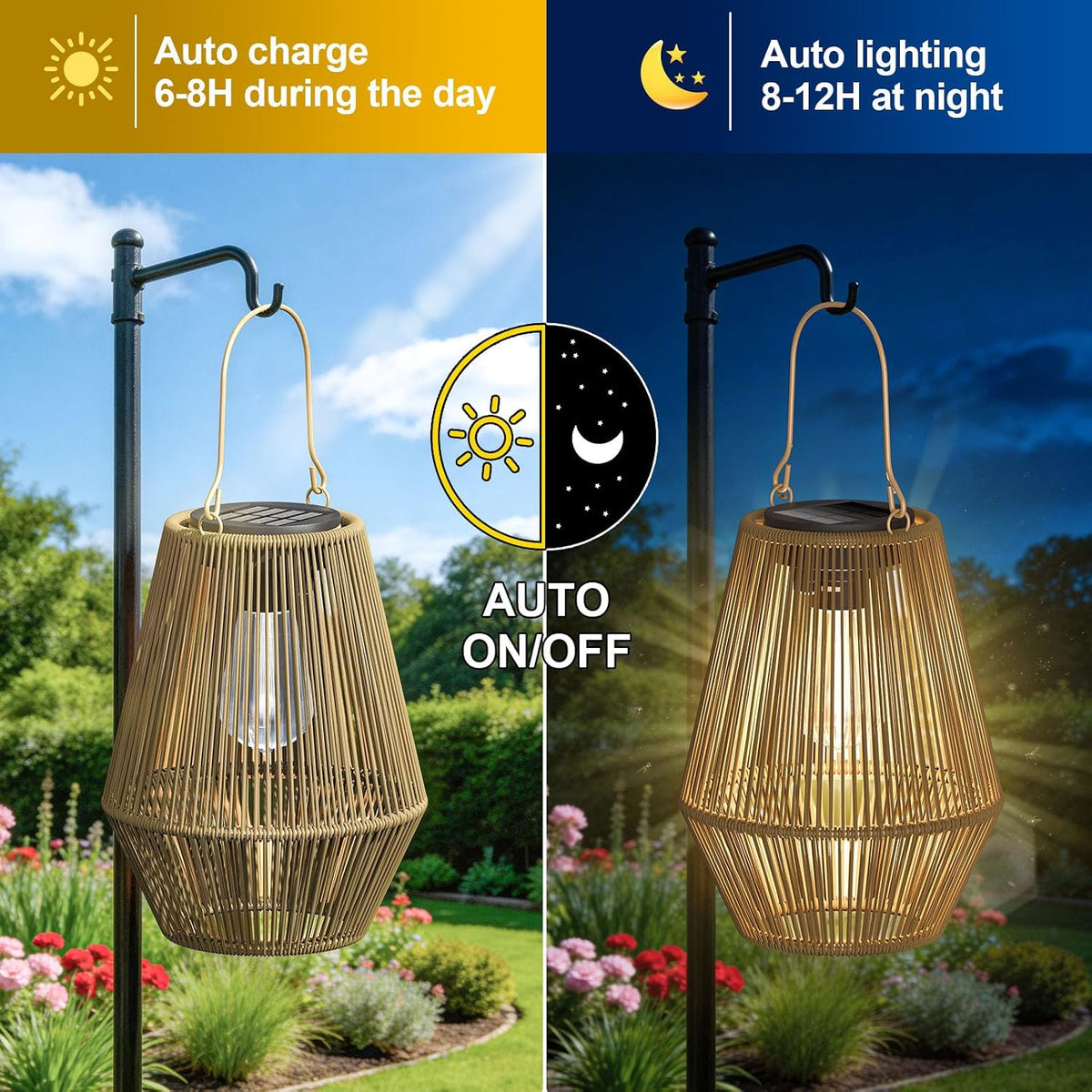 Solar Lanterns Outdoor Waterproof, 2 Pack Hanging Solar Lights for Outside, Auto On/Off Solar Powered Lanterns for Patio Yard Porch Pathway Garden Decor, Warm White