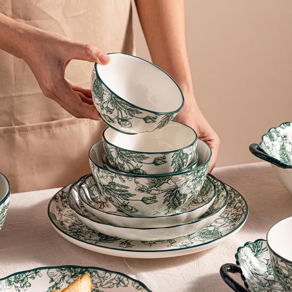 Ceramic Dinnerware Set, Series Kavara Ⅱ, (Green Rose)