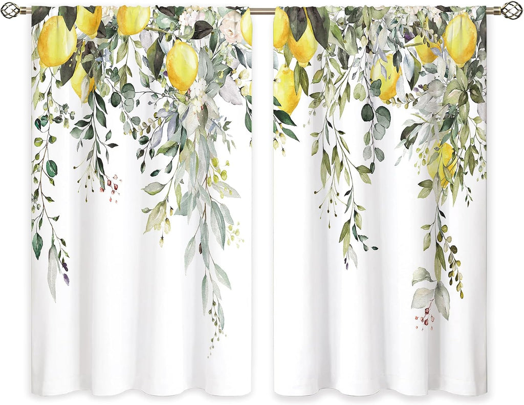 Eucalyptus Botanical Leaves Yellow Lemon Kitchen Window Curtains Herb Plant Floral Fruit Small Window Treatment Sage Green Cafe Short Curtains for Bathroom Treatment Tier Drapes 27.9x39 inch
