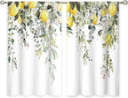 Eucalyptus Botanical Leaves Yellow Lemon Kitchen Window Curtains Herb Plant Floral Fruit Small Window Treatment Sage Green Cafe Short Curtains for Bathroom Treatment Tier Drapes 27.9x39 inch