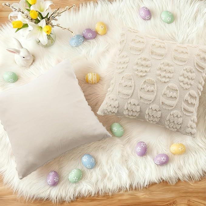 decorUhome Easter Beige Egg Pillow Covers 18x18 Inch Set of 2, Soft Plush Faux - Image 6
