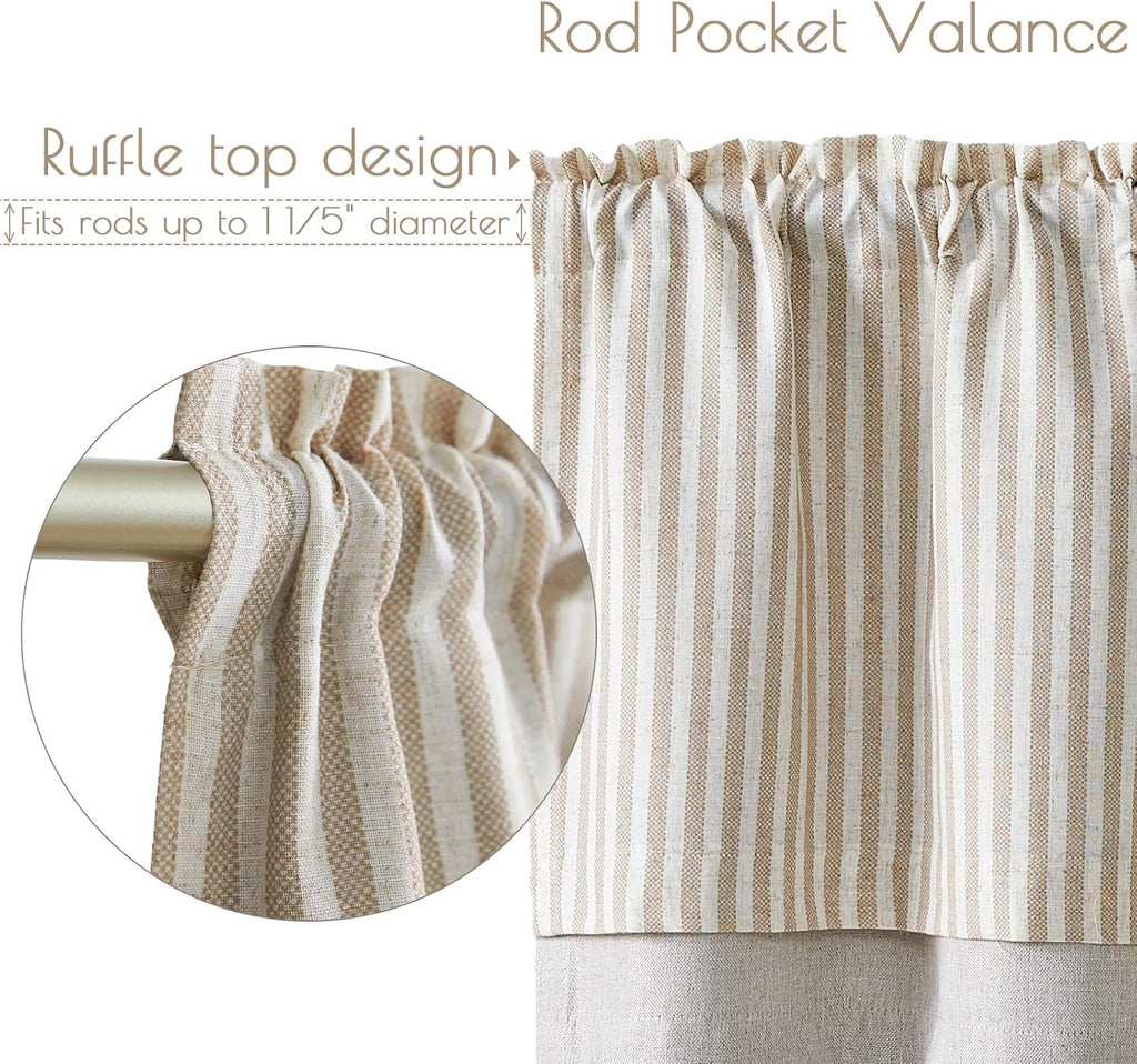 jinchan Stripe Linen Kitchen Valance Curtain, 50x16, 1 Panel, Taupe