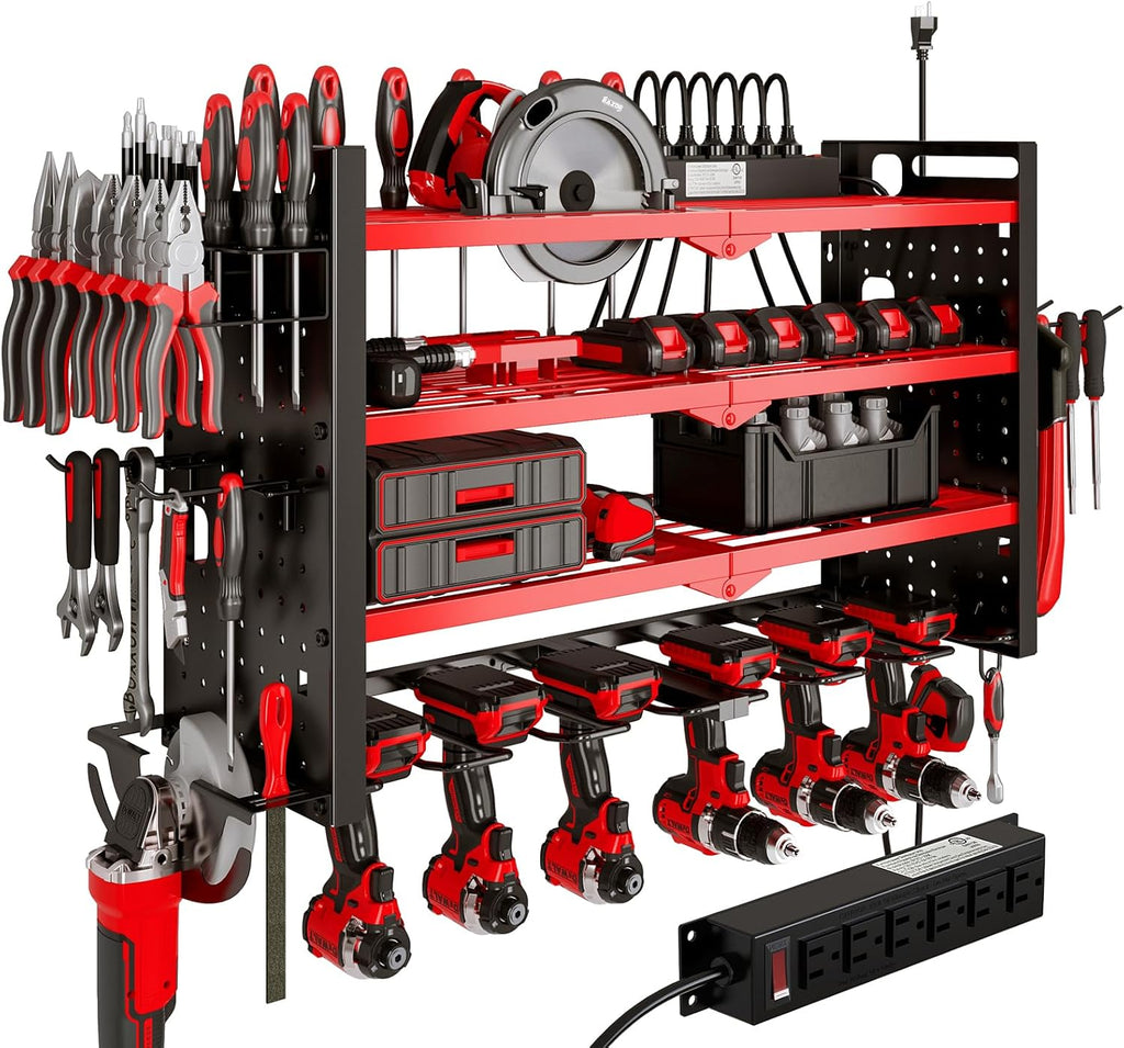 Cordless Power Tool Organizer Wall Mount, 6 Drill Holders, Red