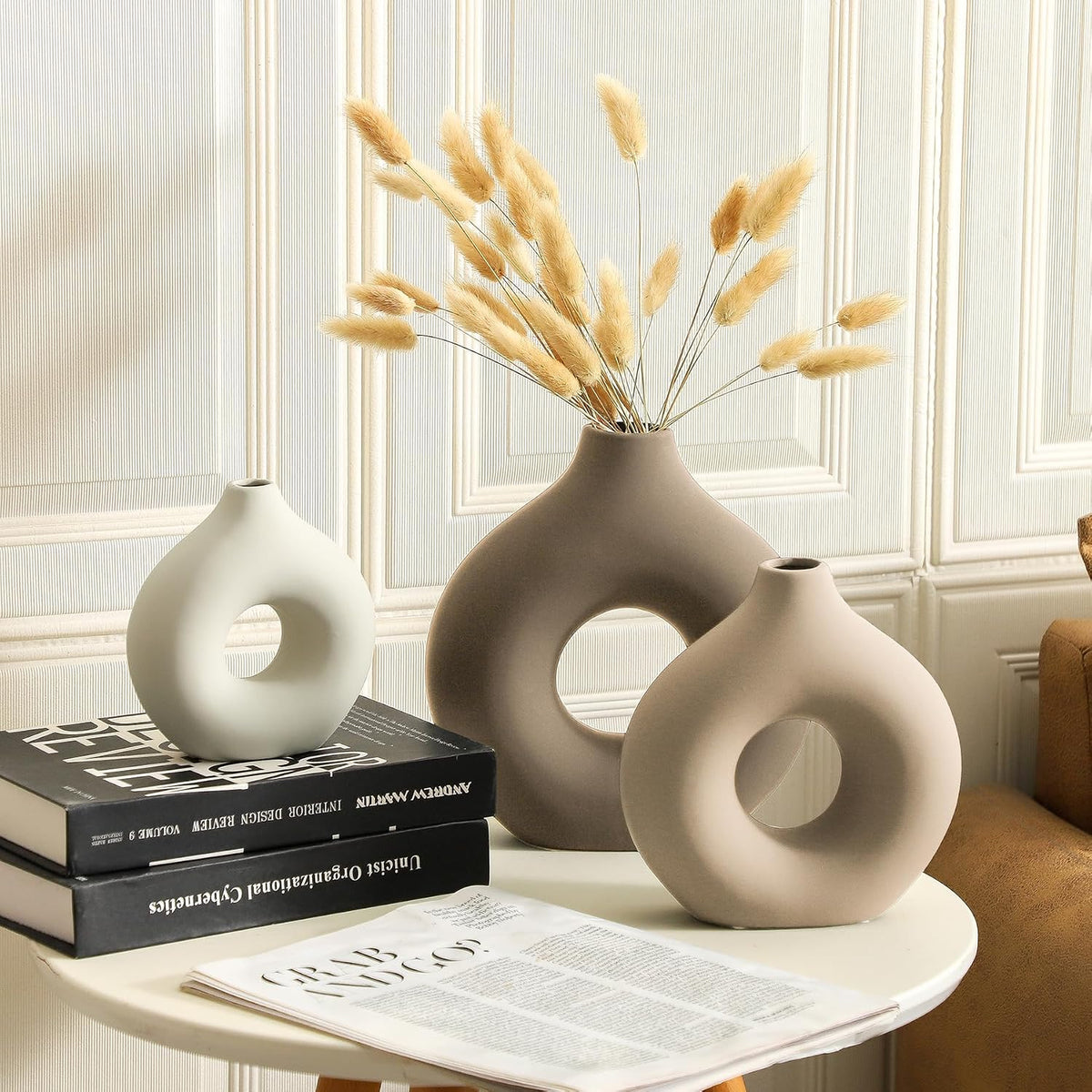 Vanselia Ceramic Vase Home Table Decor - Flower Vases Set of 3 Small Living Room Centerpiece Decorations for Shelf Bedroom Office Kitchen Dining Desk Modern Aesthetic Farmhouse Decorative (Farmhouse)