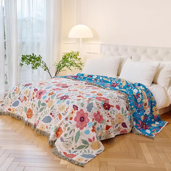 MSGKV Boho Throw Blanket for Bed Twin Size 100% Cotton Floral Blanket 60"x80" - Image 5