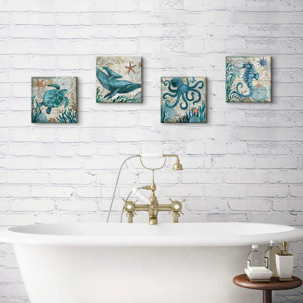 Bathroom Wall Art Beach Decor Ocean Sea Turtle Octopus Canvas Pictures Coastal Room Decor Teal Bathroom Accessories Vintage Whale Seahorse Poster Modern Nautical Painting Bedroom Home Decorations