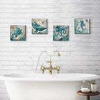 Bathroom Wall Art Beach Decor Ocean Sea Turtle Octopus Canvas Pictures Coastal Room Decor Teal Bathroom Accessories Vintage Whale Seahorse Poster Modern Nautical Painting Bedroom Home Decorations