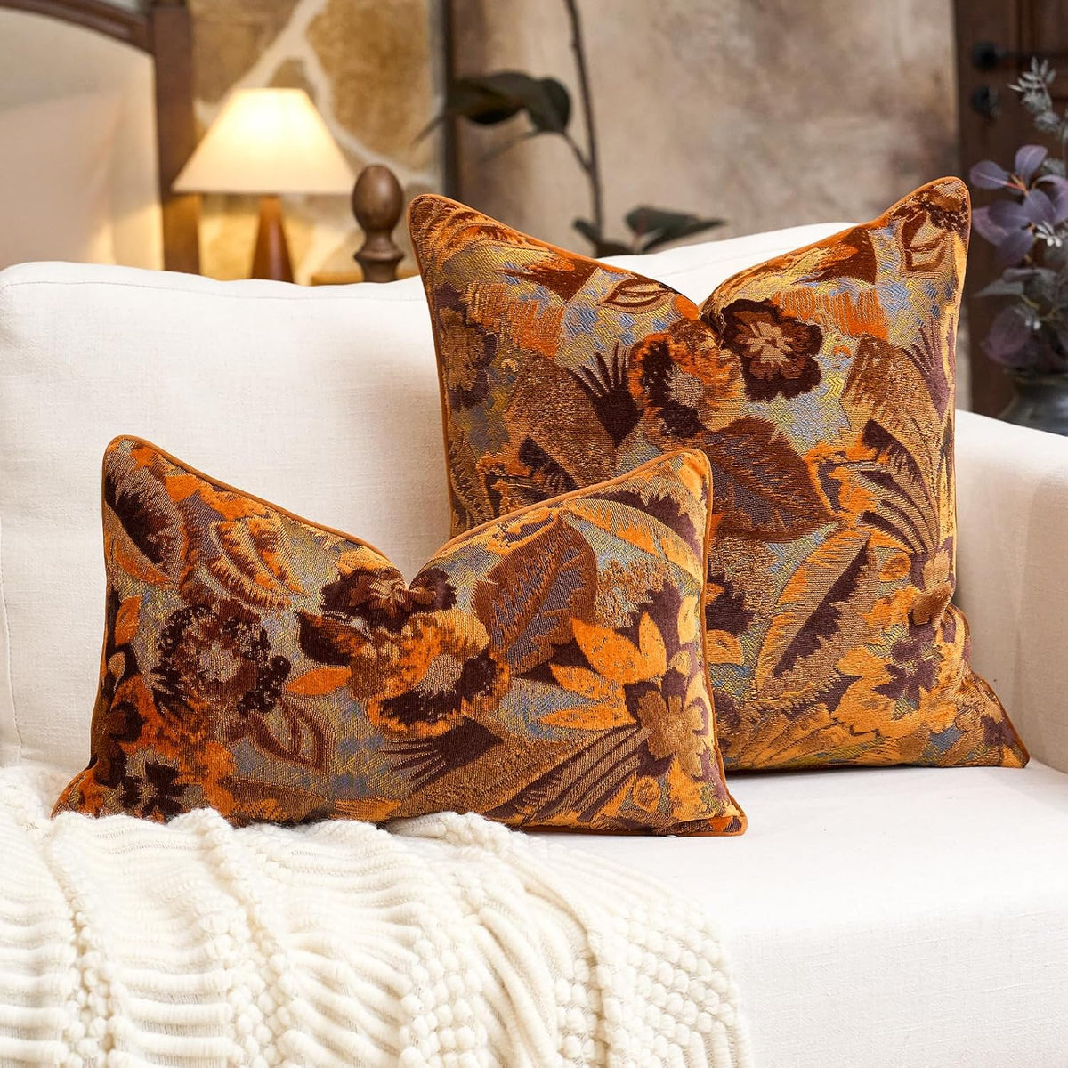 Alerfa Orange Neutral Floral Pillow Cover 18 x 18 Inch, Vintage Cut Velvet Square Couch Throw Pillow Cover Soft Decorative Farmhouse Accent Pillowcase for Living Room Bedroom
