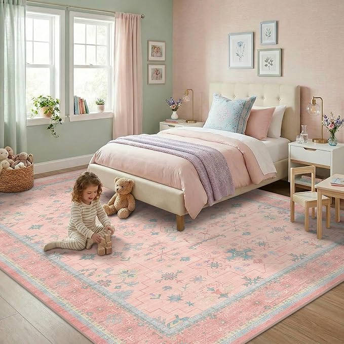 Washable Pink and Blue 6x9 Oushak Rugs by HazoHaus