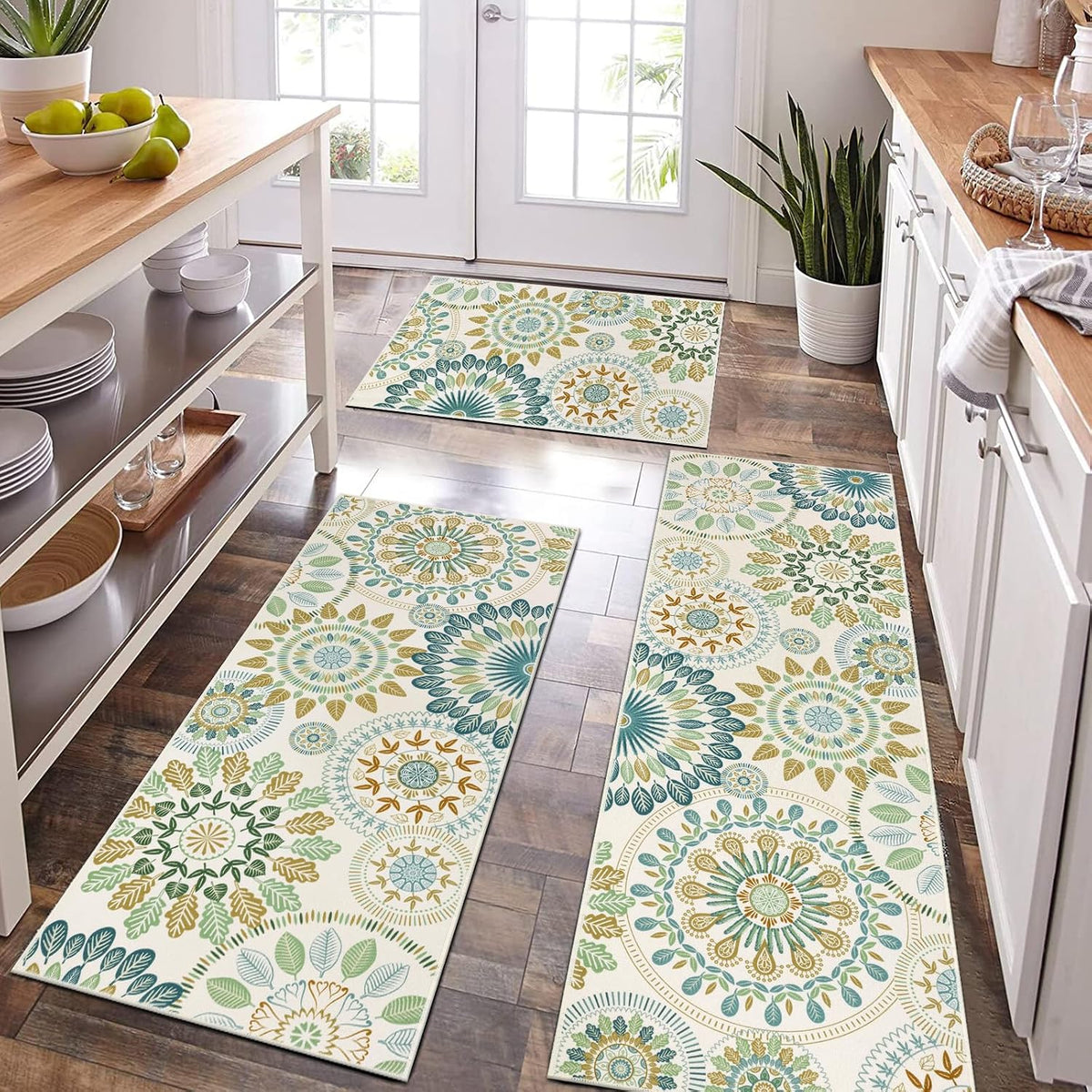 Bsmathom Farmhouse Kitchen Rugs Sets of 3, Boho Non-Slip Kitchen Mats for Floor, Kitchen Runner Rugs Non Skid Washable for Kitchen Entryway Hallway Laundry Room