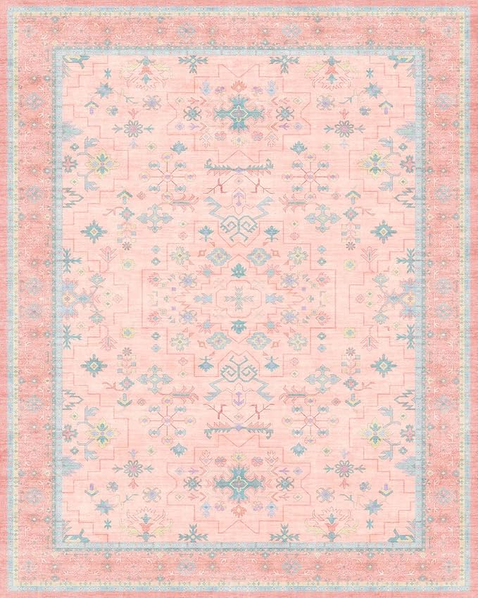 Washable Pink and Blue 9x12 Oushak Rugs - Image 9