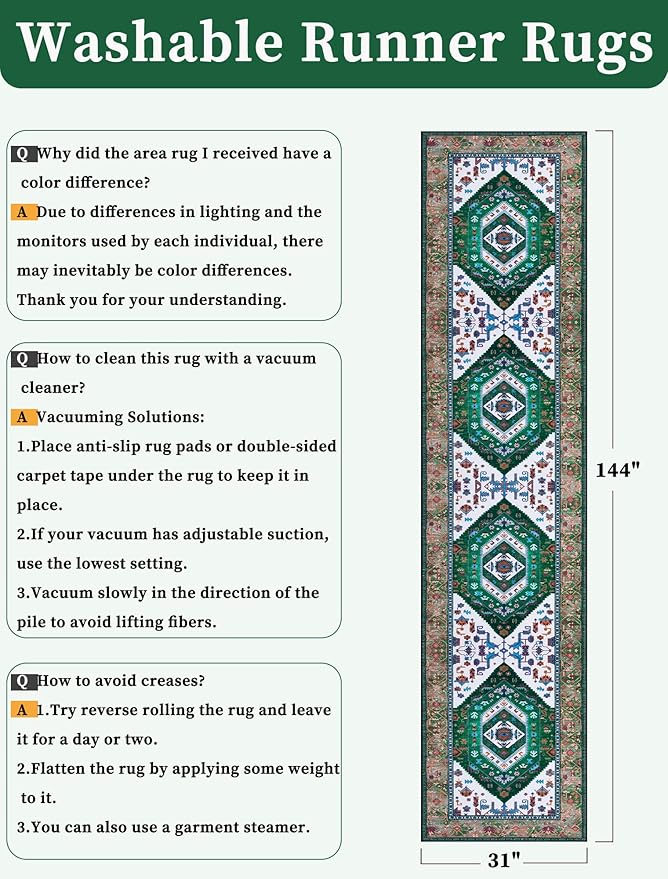 SERISSA Runner Rug for Hallways, Extra Long Boho Rug Ultra Soft Vintage Green - Image 6