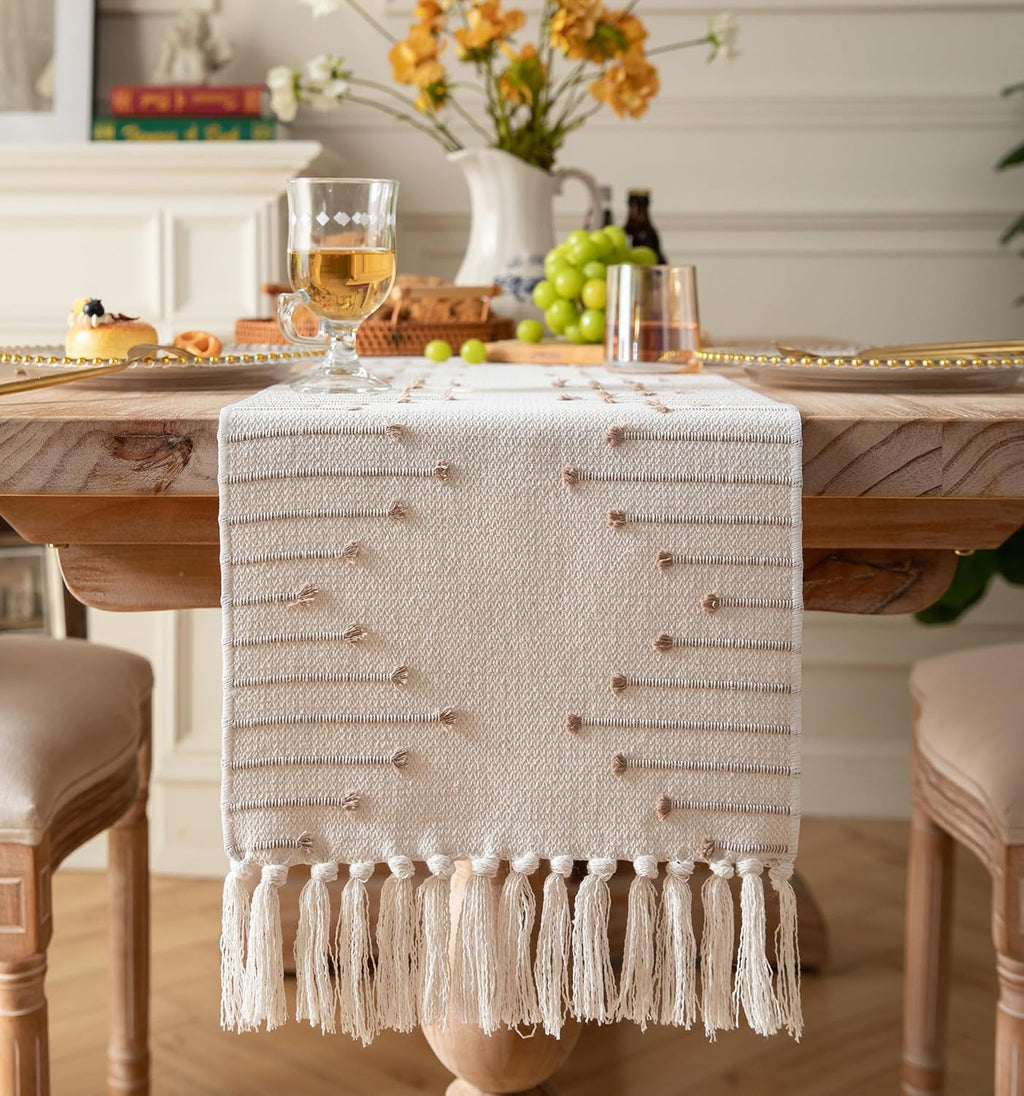 Caflife Taupe Beige Cotton Linen Rustic Boho Table Runner 13 x 90 Inch Long