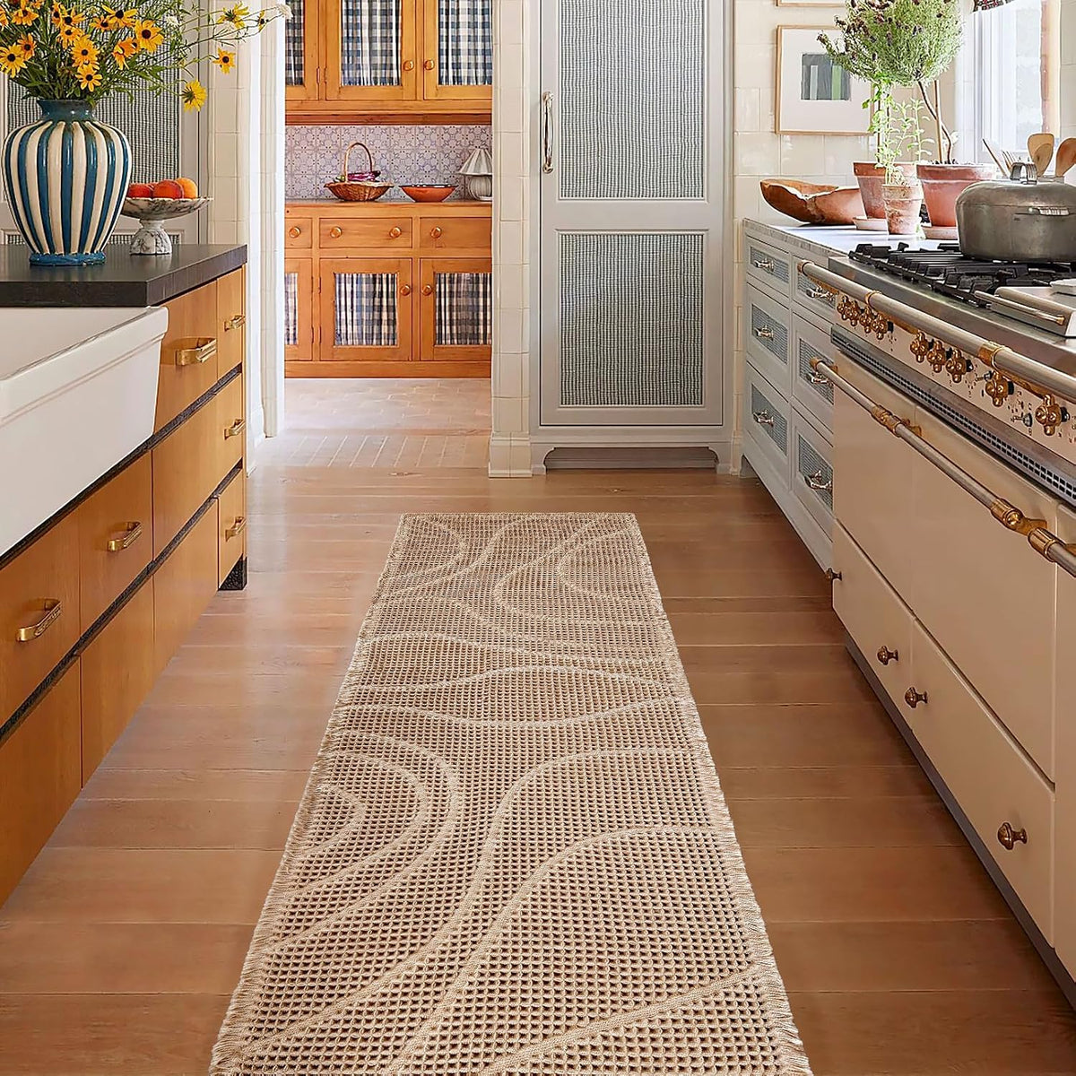 ZALL Waffle Bath Mat Wavy Boho Non Slip Ultra Soft Bathroom Mat 24"x72" Tan