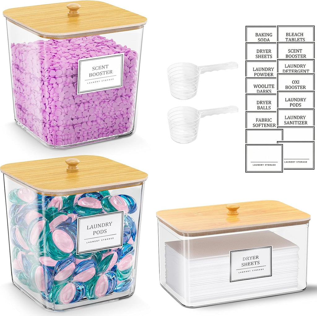 HomePekite Laundry Pods Storage Container, Clear Acrylic Laundry Room Organization and Storage ,Detergent Powder Container,with Wooden Lids & Labels, 3+1 Pack
