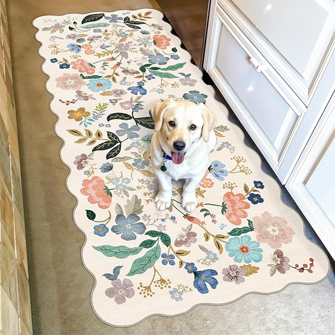 Hallway 2x5 Washable Runner Rug: Stain Resistant Floral Scalloped Rug by HYHAOYUNLAI