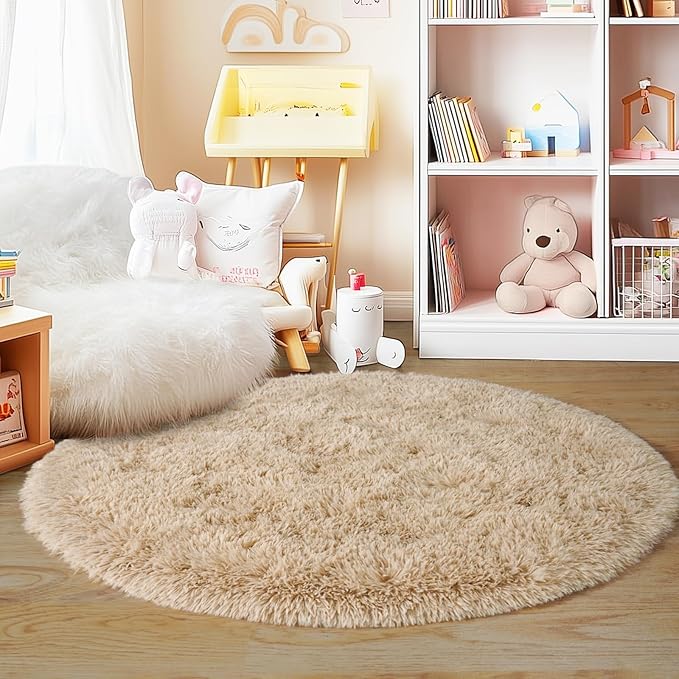 4'x4' Beige Round Rug for Bedroom, Ultra Soft Fluffy Circle Rug for Kids Girls - Image 3