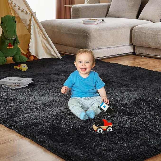 KNZE Super Soft Area Rugs for Living Room 5x7 Black, Fluffy Furry Shaggy Fuzzy - Image 3