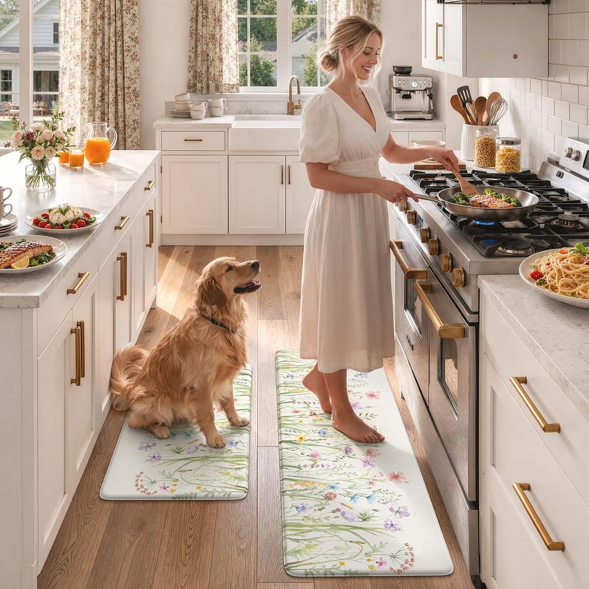 KIMODE Anti Fatigue Kitchen Mats for Floor, Floral Kitchen Rugs Sets of 2