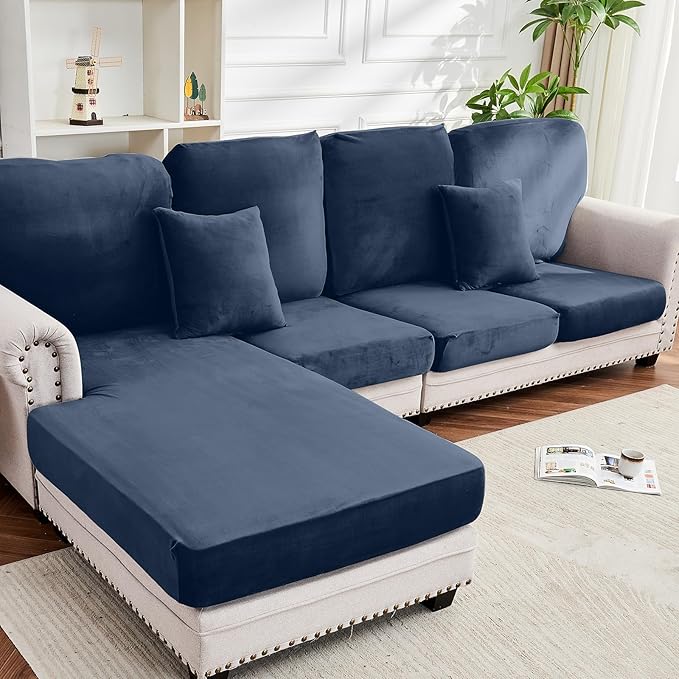 Couch Cover 8-Piece Elastic Velvet Couch Cushion Covers & Chaise Slipcovers by Taque