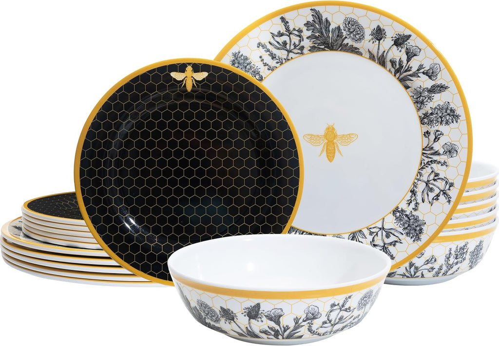 Floral Bee Melamine Dinnerware Set-18Piece Unbreakable Plates and Bowls Set