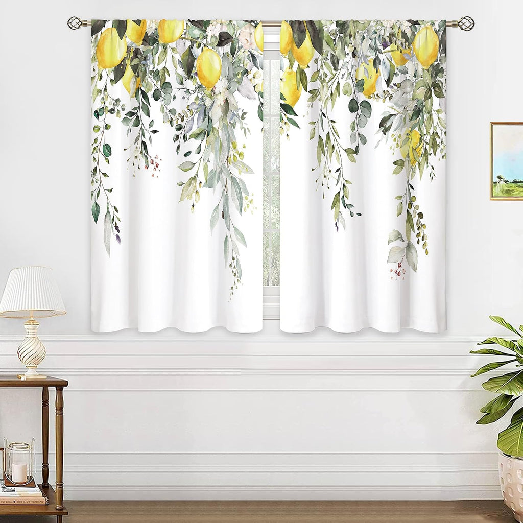 Eucalyptus Botanical Leaves Yellow Lemon Kitchen Window Curtains Herb Plant Floral Fruit Small Window Treatment Sage Green Cafe Short Curtains for Bathroom Treatment Tier Drapes 27.9x39 inch
