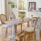 BINBE 6pcs Daisy Spring Table Runner Embroidery Gauze 10FT Florals Seasonal Tulle Holiday Birthday Kitchen Dining Table Decor for Home Party Blue