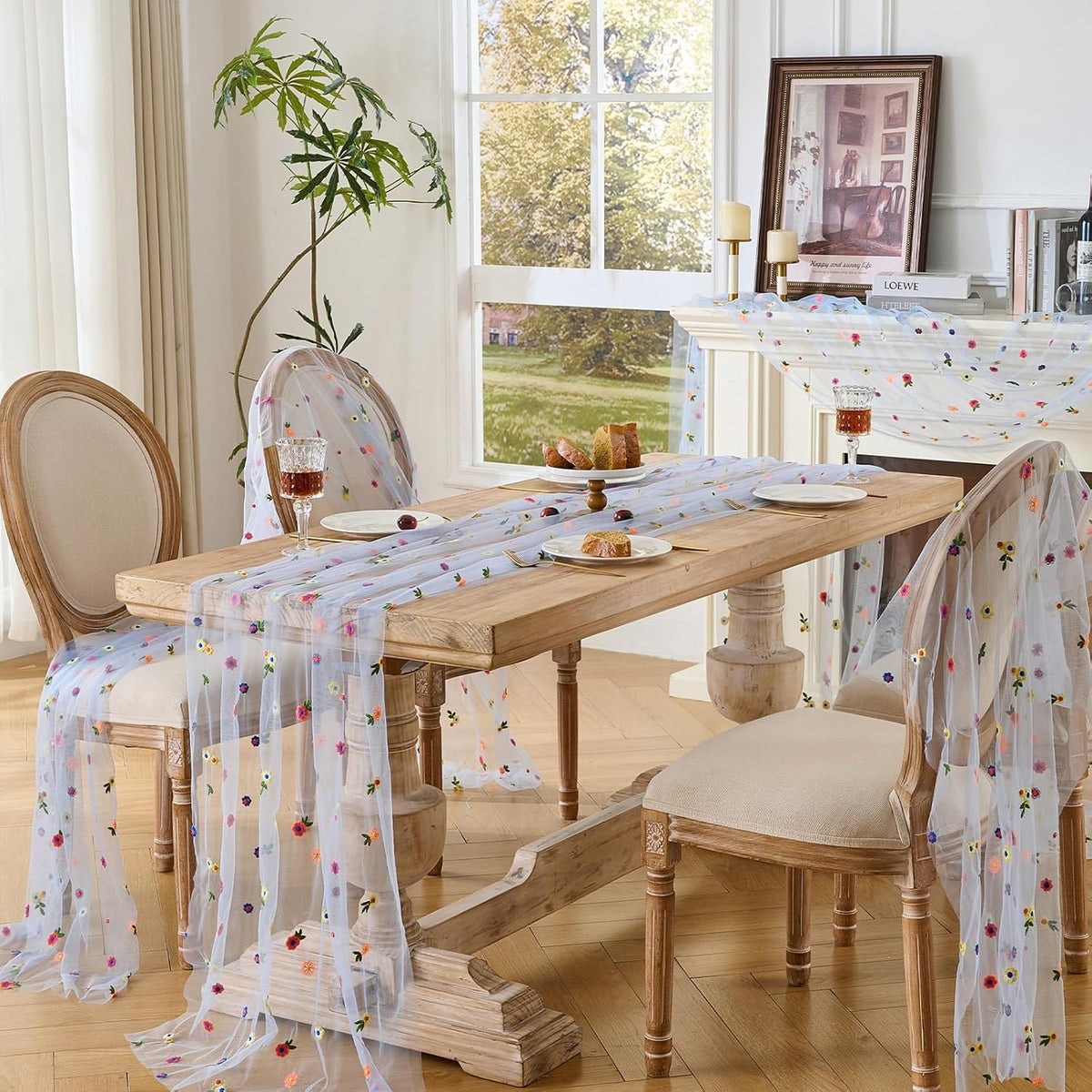 BINBE 6pcs Daisy Spring Table Runner Embroidery Gauze 10FT Florals Seasonal Tulle Holiday Birthday Kitchen Dining Table Decor for Home Party Blue