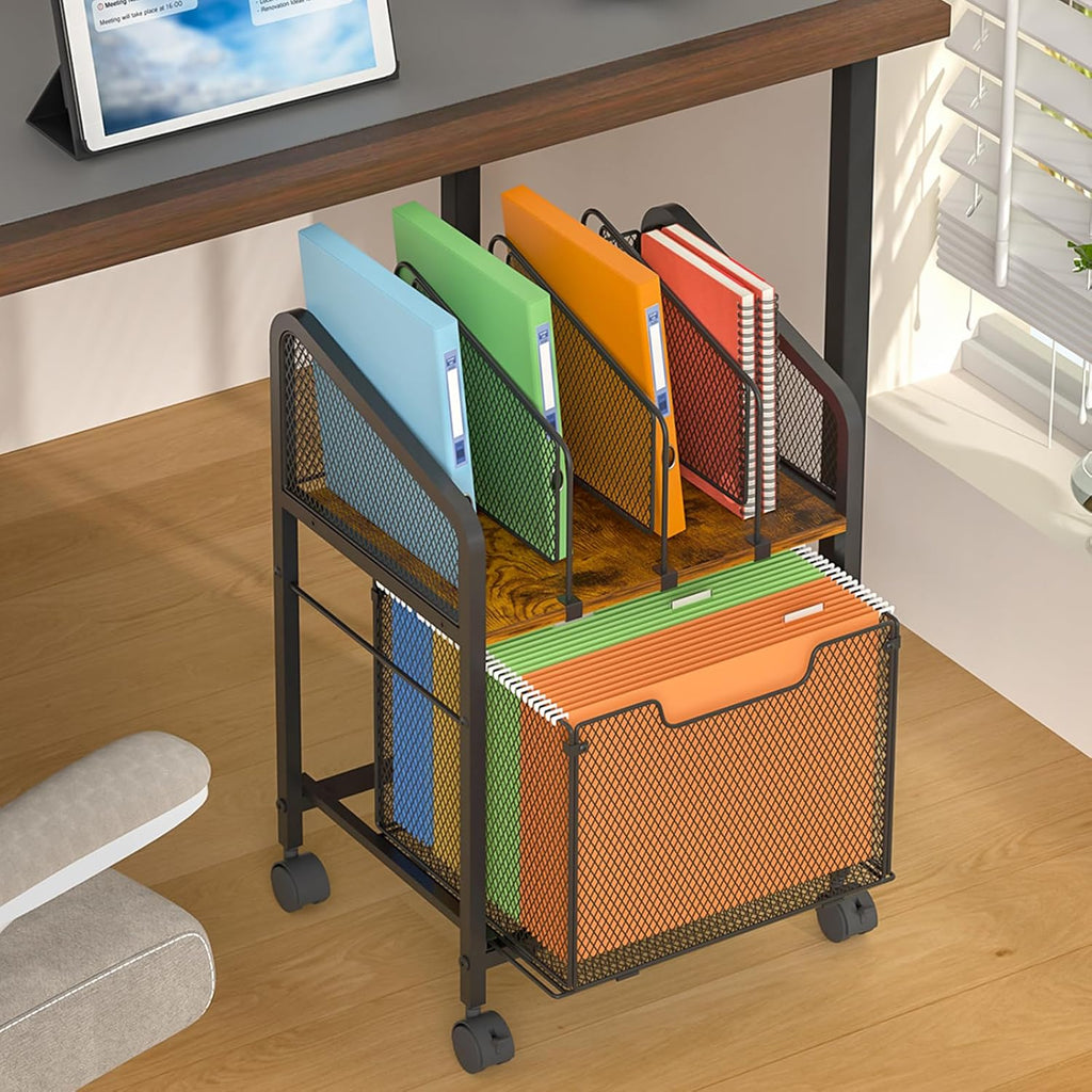 Rolling File Cabinet with Adjustable Dividers, Vertical Filing Cabinet with Storage Drawer on Lockable Wheels, Hanging File Organizer Beside Under Desk for Office, Home（Patent Pending）