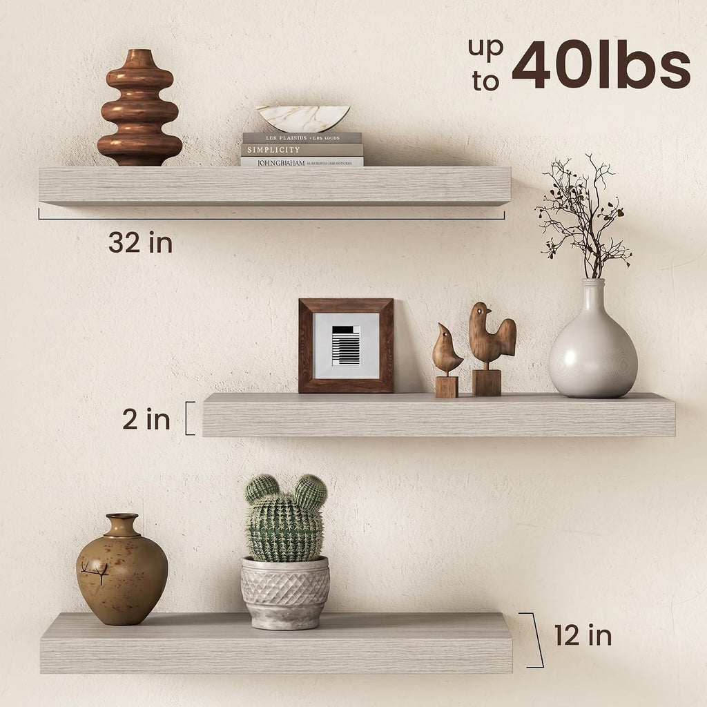 Fun Memories 12" Deep Floating Shelves for Wall, Set of 2, 32 Inch Long Wall Shelves, 2" Thick Storage Display Shelves with Invisible Brackets for Living Room Bedroom Kitchen, Gray