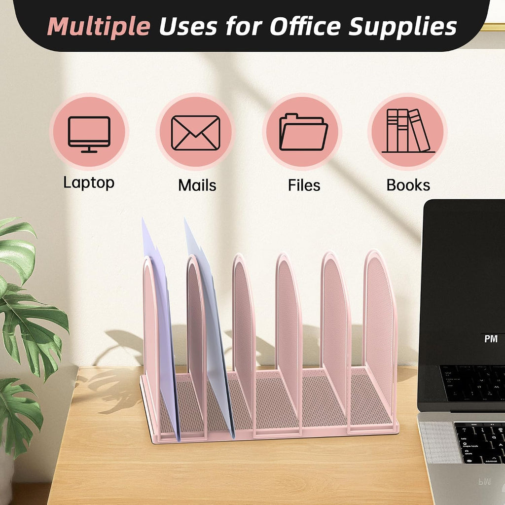 5-Section File Organizer for Desk, Metal File Folder Holder, Pink
