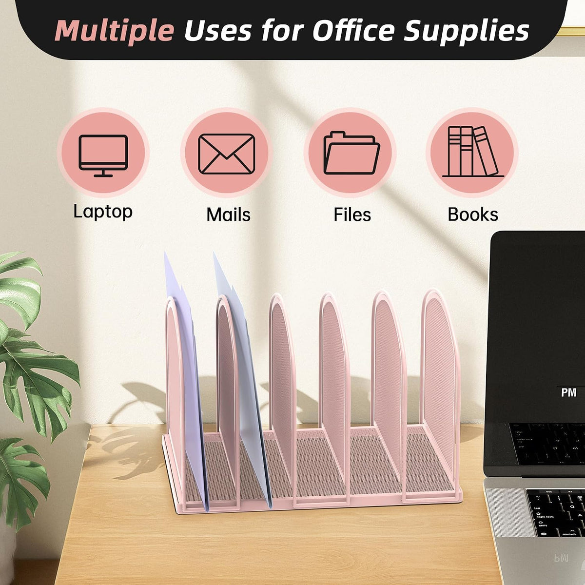 5-Section File Organizer for Desk, Metal File Folder Holder, Pink