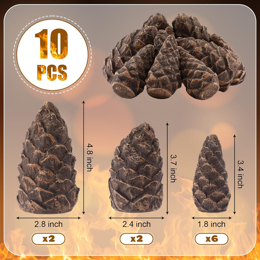 10 Pcs Gas Logs Ceramic Pine Cones, Imitated Fire Pit Pine Cones Gas Logs Decorative Fireproof Bonfire Accessories Christmas Decor for Propane Campfire Fireplace Wood Fires