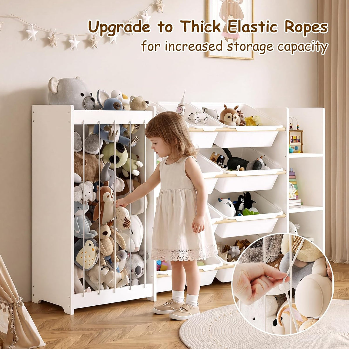 3-in-1 Kids Toy Storage Organizer, White Solid Wood, White Bins