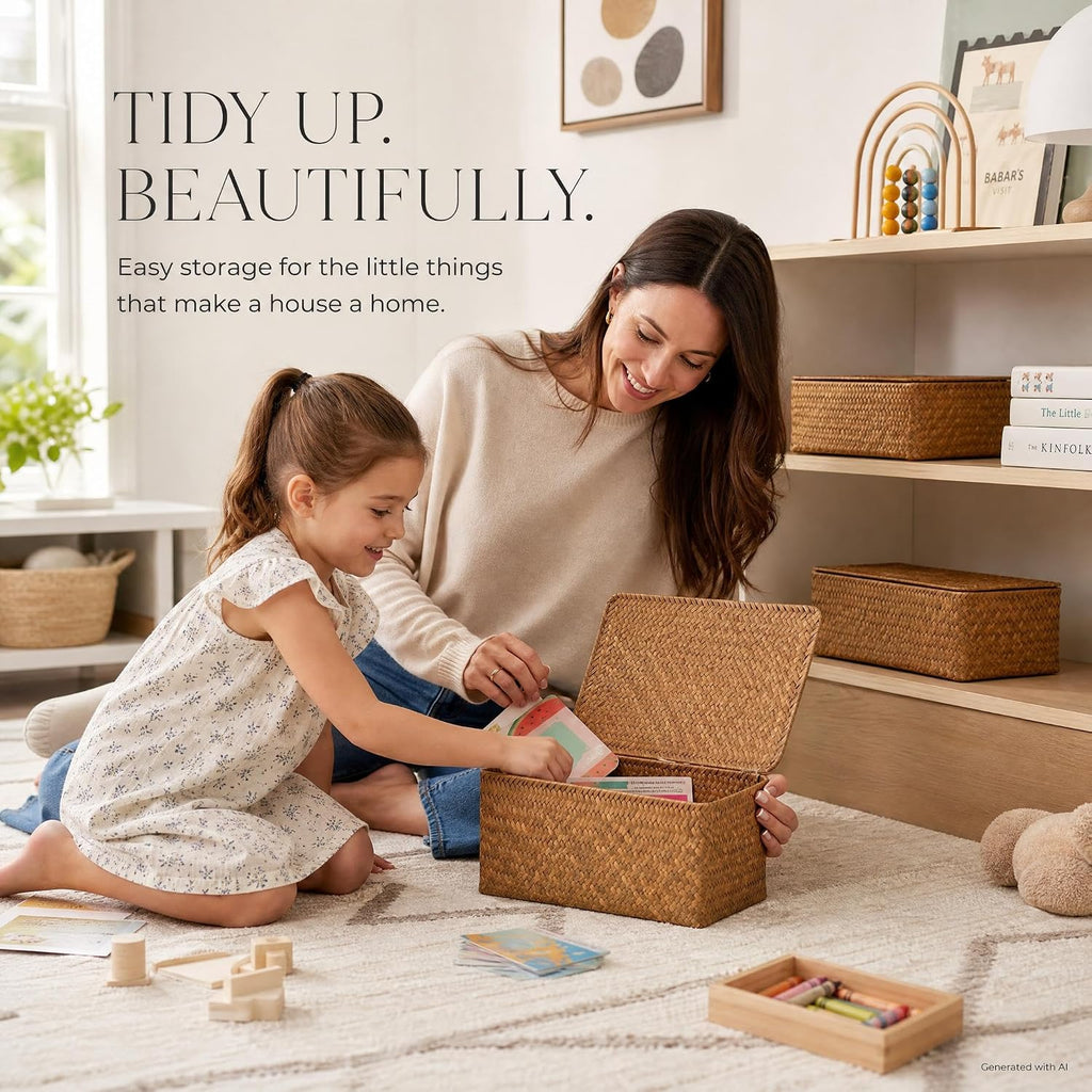 Decorative Wicker Storage Boxes with Lids - Set of 3 Seagrass Organizers