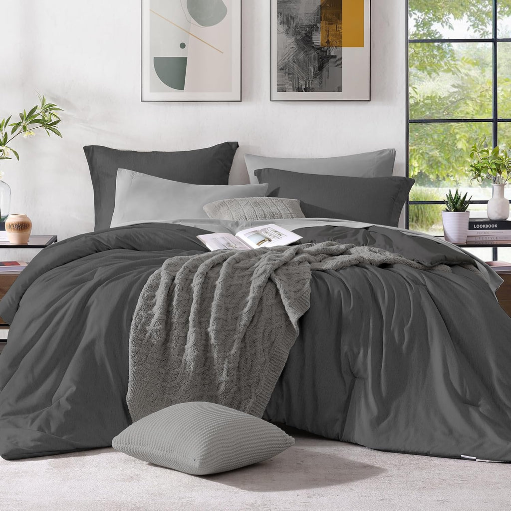 Monbix Queen Comforter Set 7 Pieces Dark Grey Cationic Dyeing Bed in a Bag