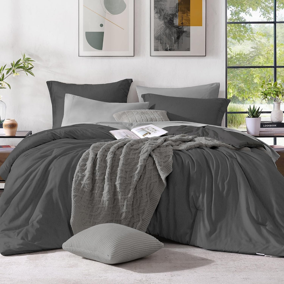 Monbix Queen Comforter Set 7 Pieces Dark Grey Cationic Dyeing Bed in a Bag