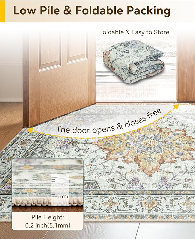 Area Rugs Square 7ft Washable Non-Slip, Floral Vintage Distress Print Pattern - Image 4