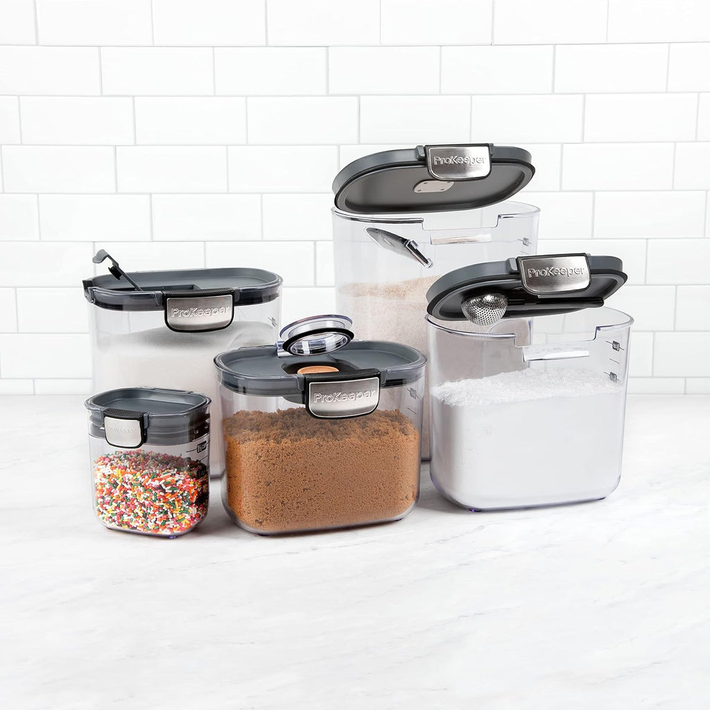 ProKeeper+ Airtight Food Storage Container Set – Clear Plastic Flour and Sugar Canister Set with Magnetic Accessories for Kitchen Organization (Grey, 9-Piece)