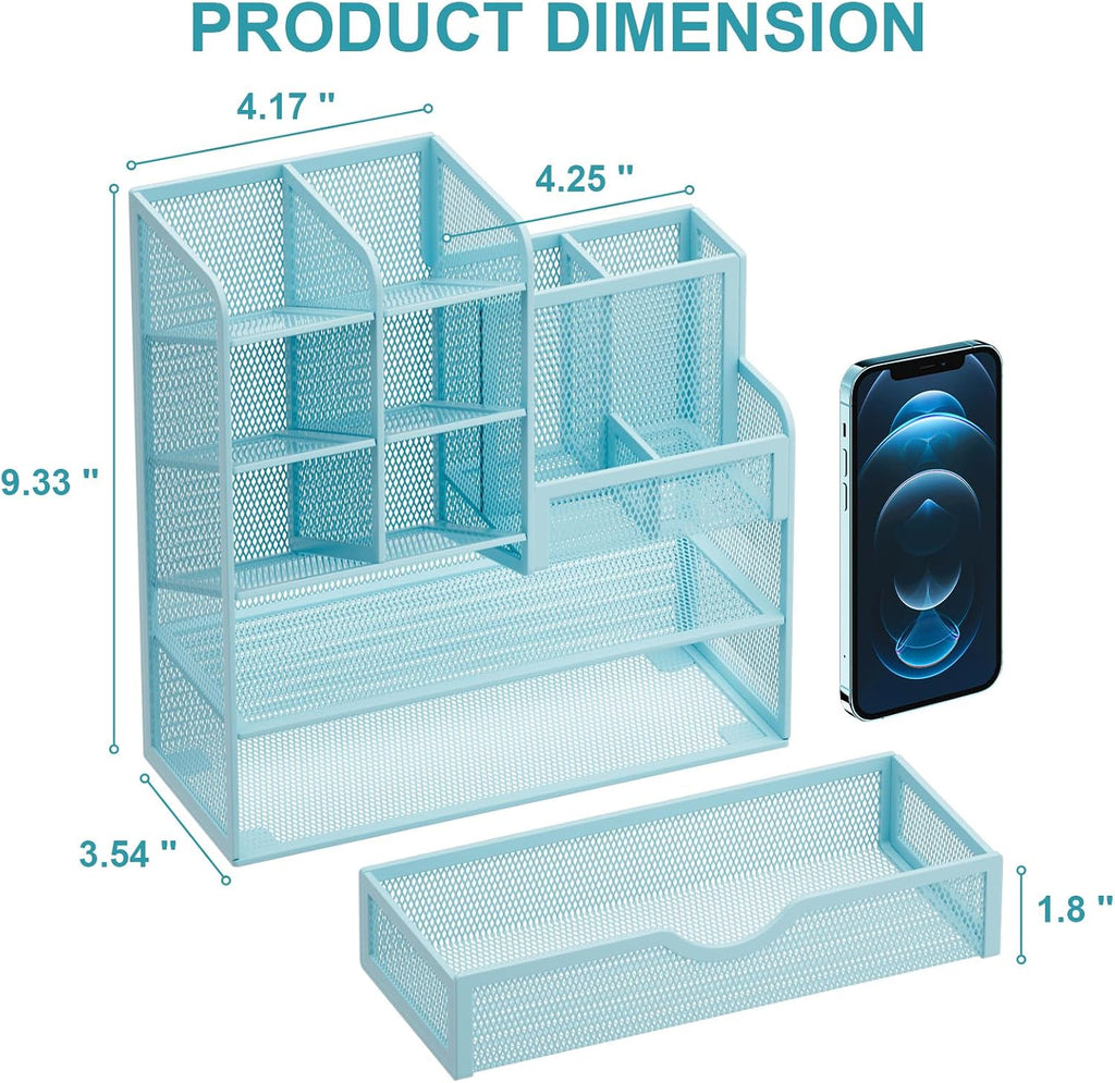 Marbrasse Mesh Pen Holder for Desk, Multi-Functional Pencil Organizer with Drawer, Desk Organizers and Accessories for Office Art Supplies (Blue)