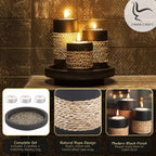 IYARA CRAFT Candleholder Set with Tray, Set of 3 Rustic Black Wooden Tealight Candle Holders with Natural Rope Accent, Coffee Table Centerpiece, Farmhouse Home Decor, Housewarming
