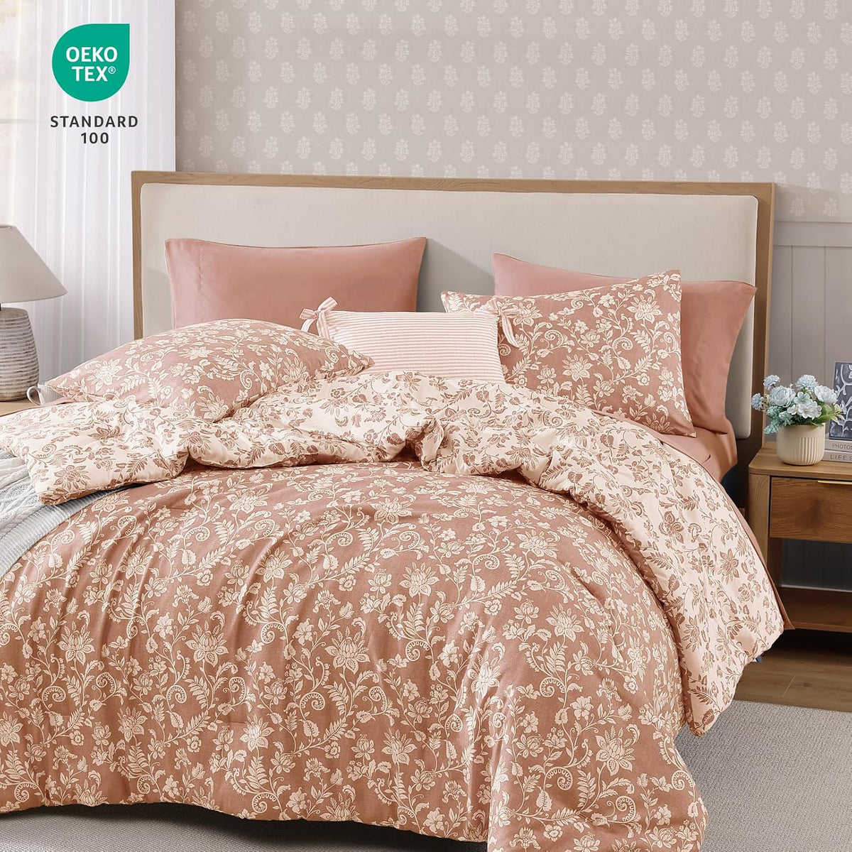 BLOOMHAVEN Queen Comforter Set-7 Pieces Pink Floral Bed in a Bag Queen