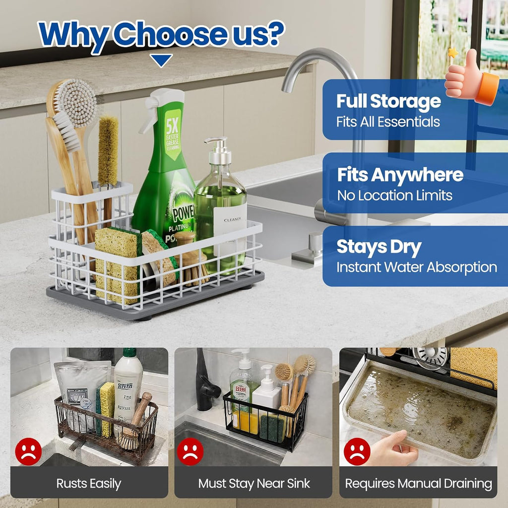 Extra Large Sink Caddy with Drying Stone, Sponge & Brush Holder for Kitchen