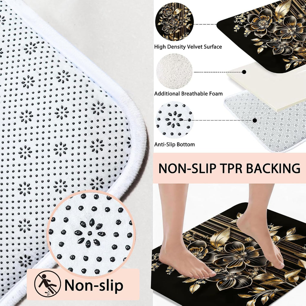 4pcs Shower Curtain Set Black Gold Flower Bathroom Decor with Rug