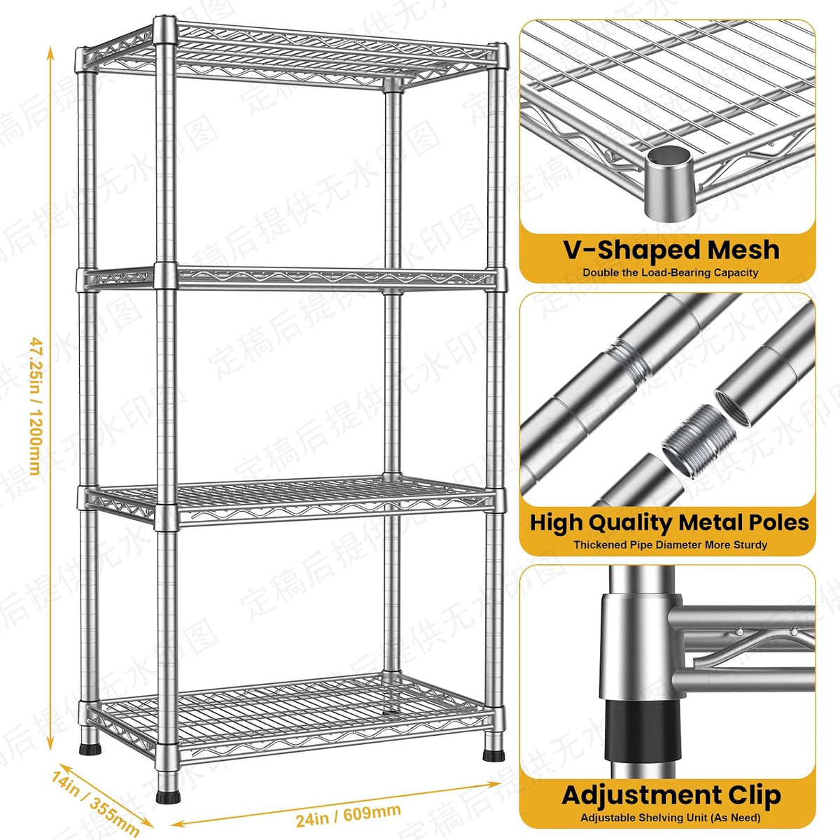 4- Shelf Heavy Duty Metal Wire Shelving Unit Adjustable Industrial Storage Rack Steel Commercial Grade Shelving Standing Shelf organize 2200LBS,for Laundry Bathroom Kitchen Closet 14"Dx24"Wx47"H